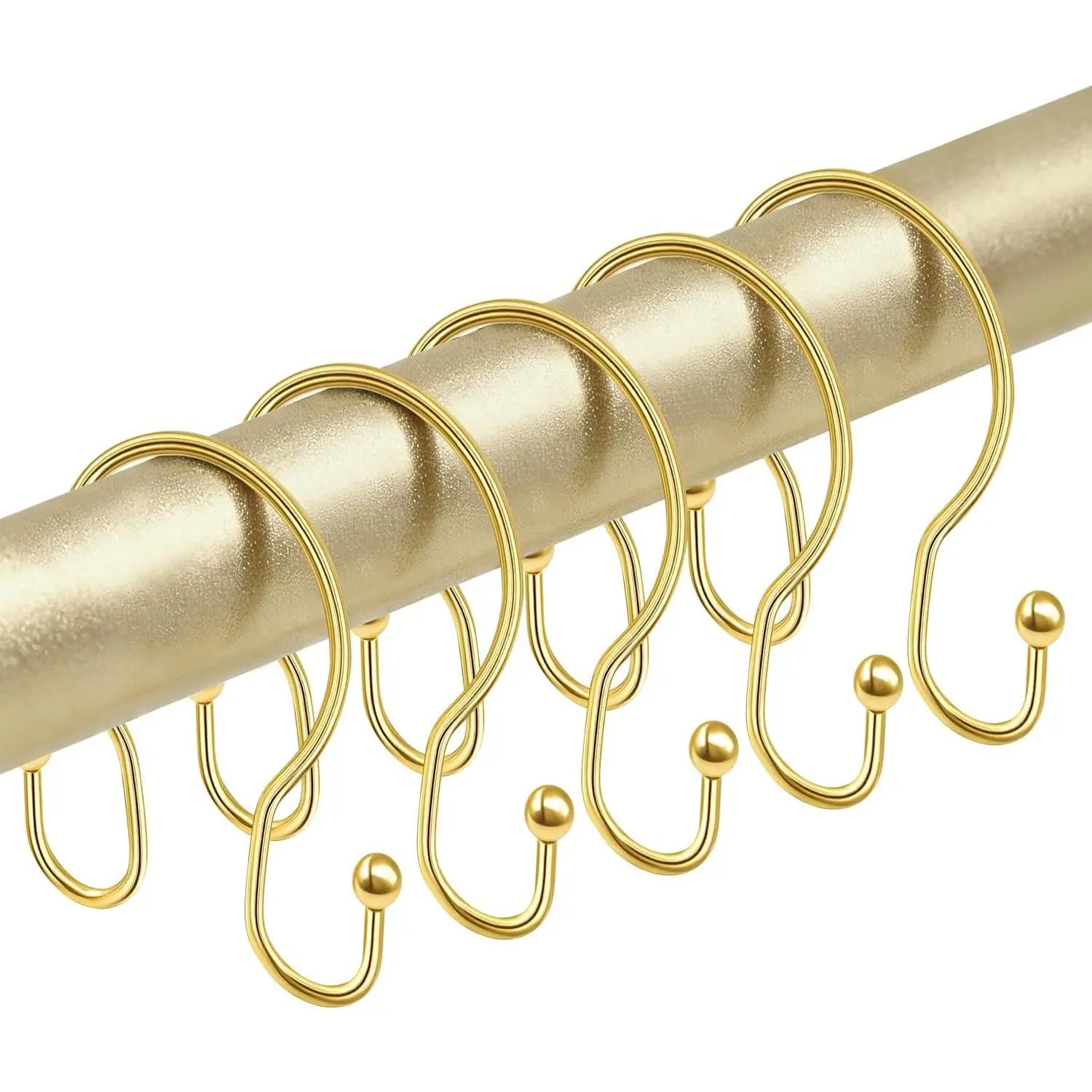 Gold Shower Curtain Hooks Rings, Double Shower Curtain Hooks Rust Proof, Metal Shower Curtain Hangers for Bathroom Shower Curtains Rods,Shower Rings for Curtain Double Sided, Set of 12, Gold