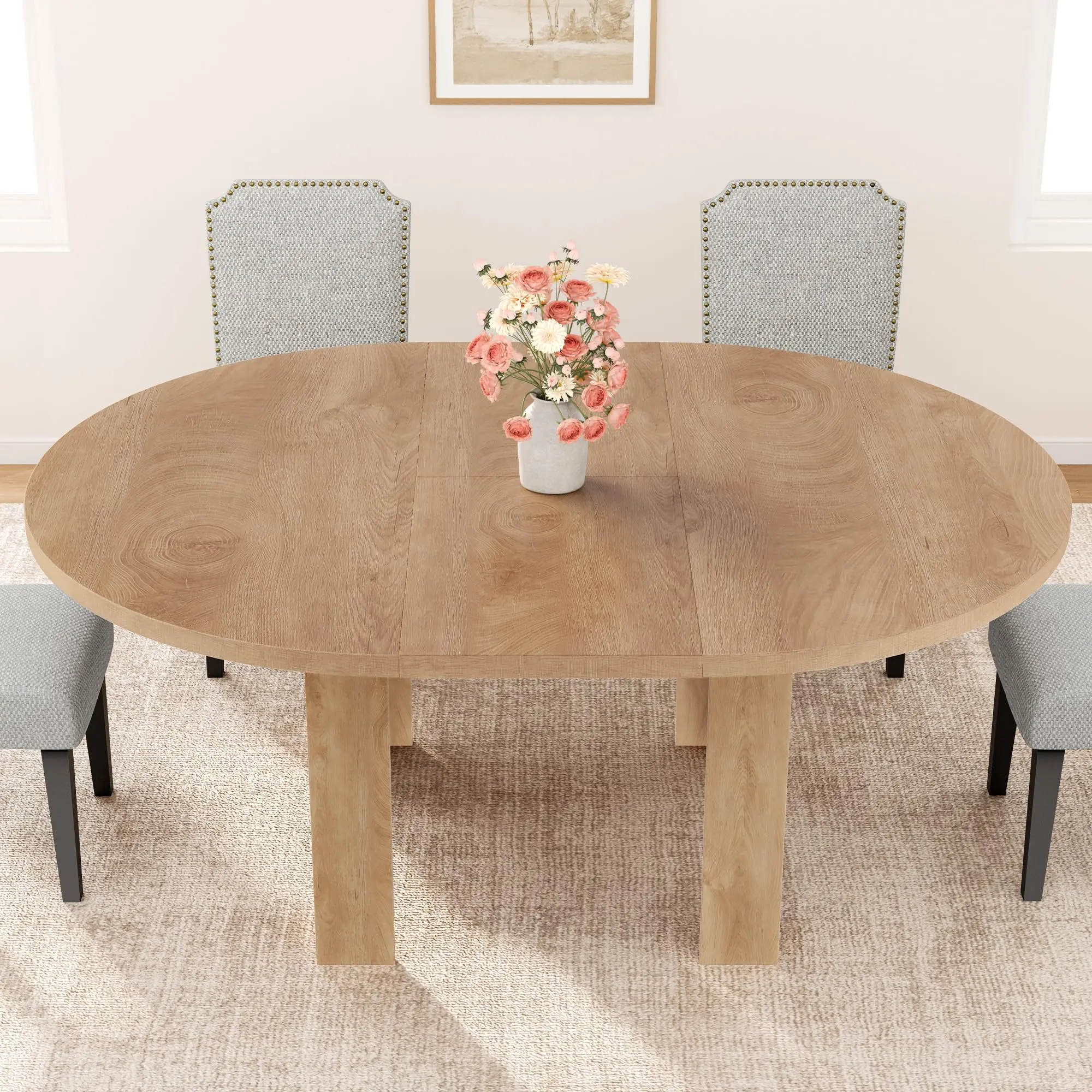 Space-Saving Extendable Dining Table – Modern Round to Oval Convertible Table with Built-In Leaf Storage – Sturdy Waterproof MDF – Ideal for Apartment, Office, Dinner Parties, or Home
