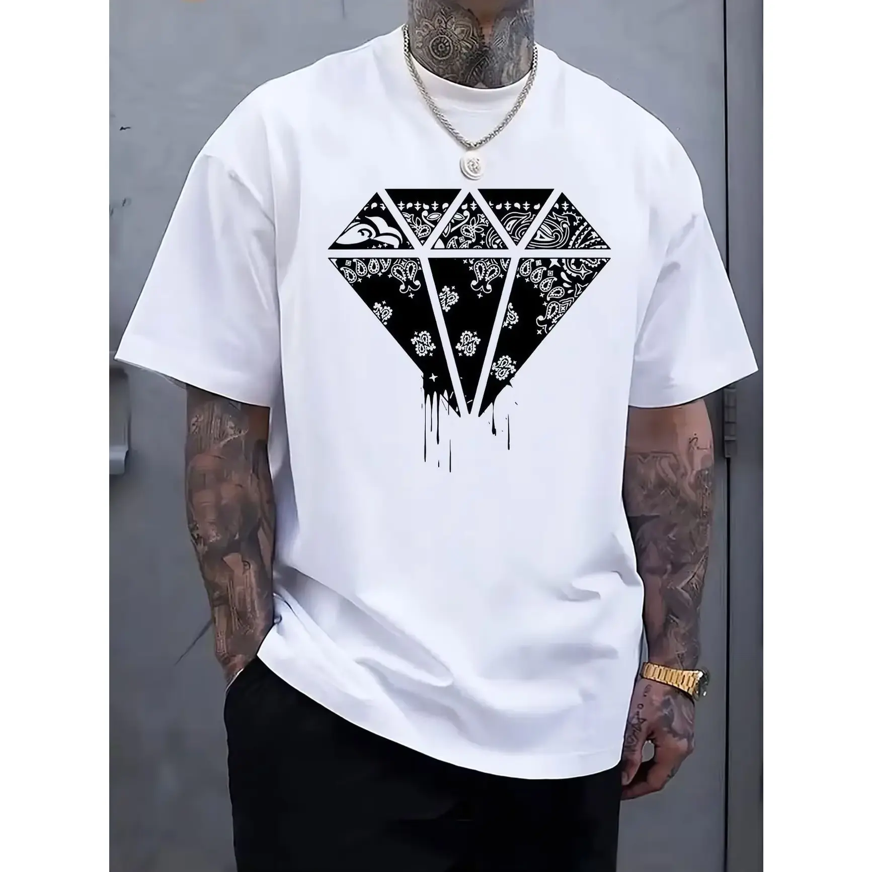 Loose Fit Graphic T-Shirt, Bandana Paisley Diamond Drip Printed Craft Tee, Soft Breathable Short Sleeve Top, Streetwear Hip Hop Casual Outfit For Men Women, Urban Retro Pattern Graphic Shirt For summervibes