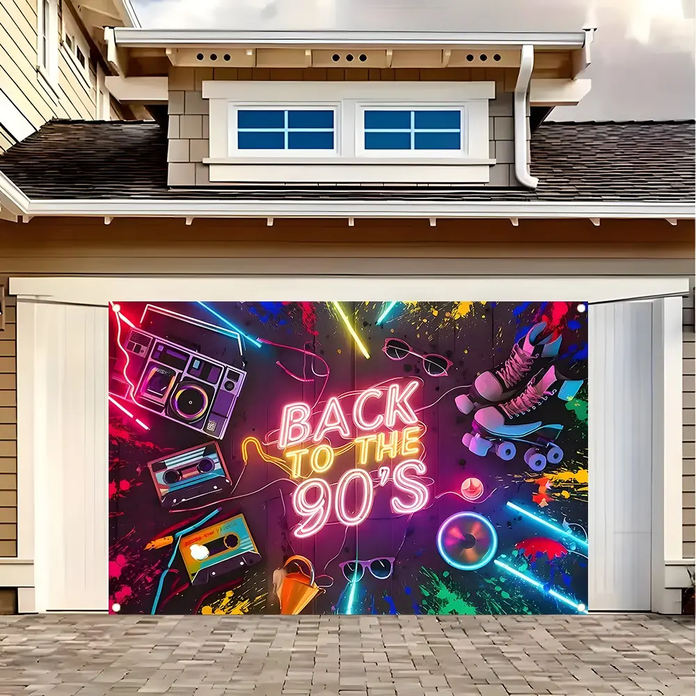 Back to the 90s Retro Neon Backdrop Banner, 90s Theme Party Decorations with Boombox Cassette Tape Roller Skate, Durable Polyester Fabric Photo Booth Prop, Reusable Easy to Clean, Perfect for 90s Throwback Party, Birthday, Home Decor, Gift