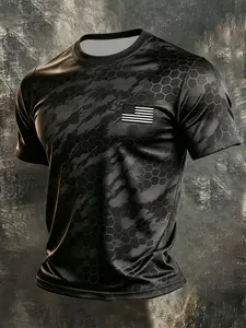 Men's Camouflage Flag Short Sleeve T-Shirt, Honeycomb Print, American Vintage Top, Breathable Quick-Dry Polyester