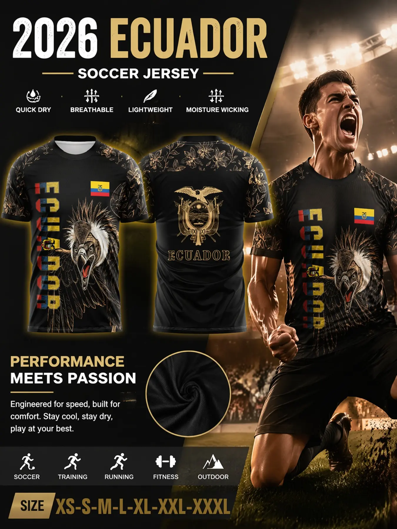 2026 Ecuador National Team Soccer Jersey, Lightweight Football Shirt, Gold Andean Condor Print, Quick-Dry Breathable, Slim Fit, Sporty Style, Patriotic Gift, Quick Dry Top