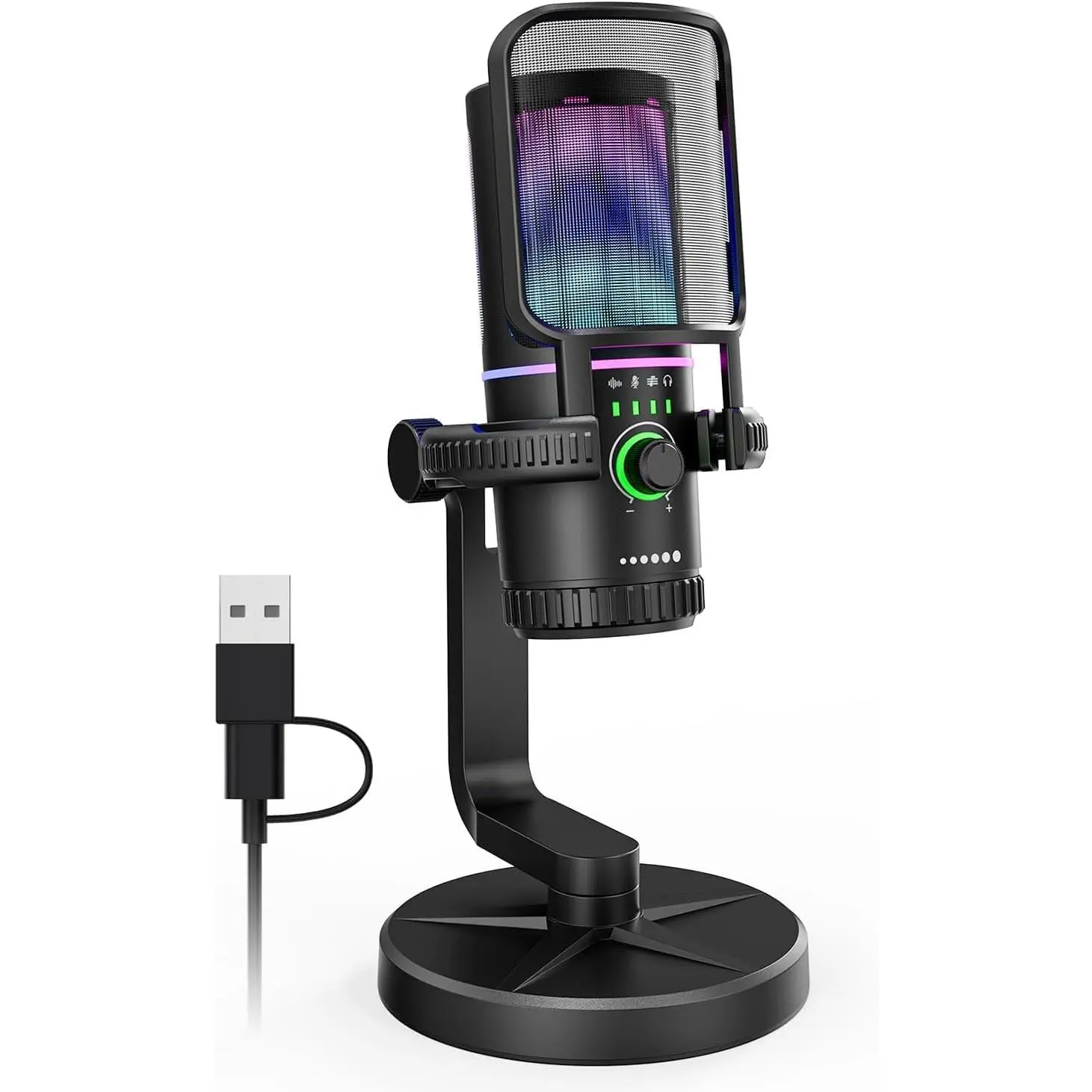 USB Plug-In Gaming Microphone with Noise Cancelation, Gain Control, Volume Control - USB PC Mic for Streaming, Gaming - Includes Pop Filter, Shock Mount, Quick Mute, RGB Lighting, Compatible with PC, PS4