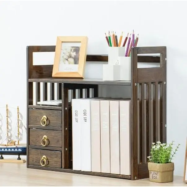 Bamboo Desktop 3-Layer Bookshelf - Single Unit Rectangular Office/Home Organizer with 3 Drawers, Spray Painting Finish, Magazine Rack, Computer Desk Tabletop Storage (25kg/55lbs Capacity)