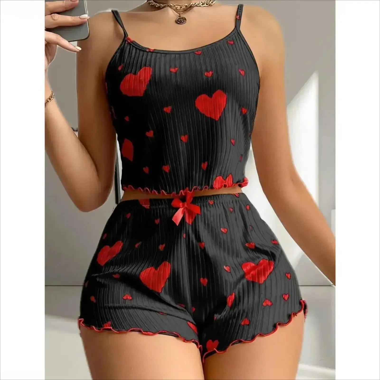 Women's 2-Piece Spaghetti Strap Pajama Set - 2026 New Summer Sleeveless Camisole, Heart Print Shorts, Youthful Nightwear Loungewear
