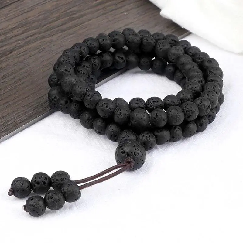 Unisex 6mm Black Natural Lava Stone 108 Mala Beads Bracelet-Necklace, Essential Oils Diffuser, Meditation Gift, Spiritual Wrap, Tibetan Healing Jewelry for Yoga Prayer Stress Relief