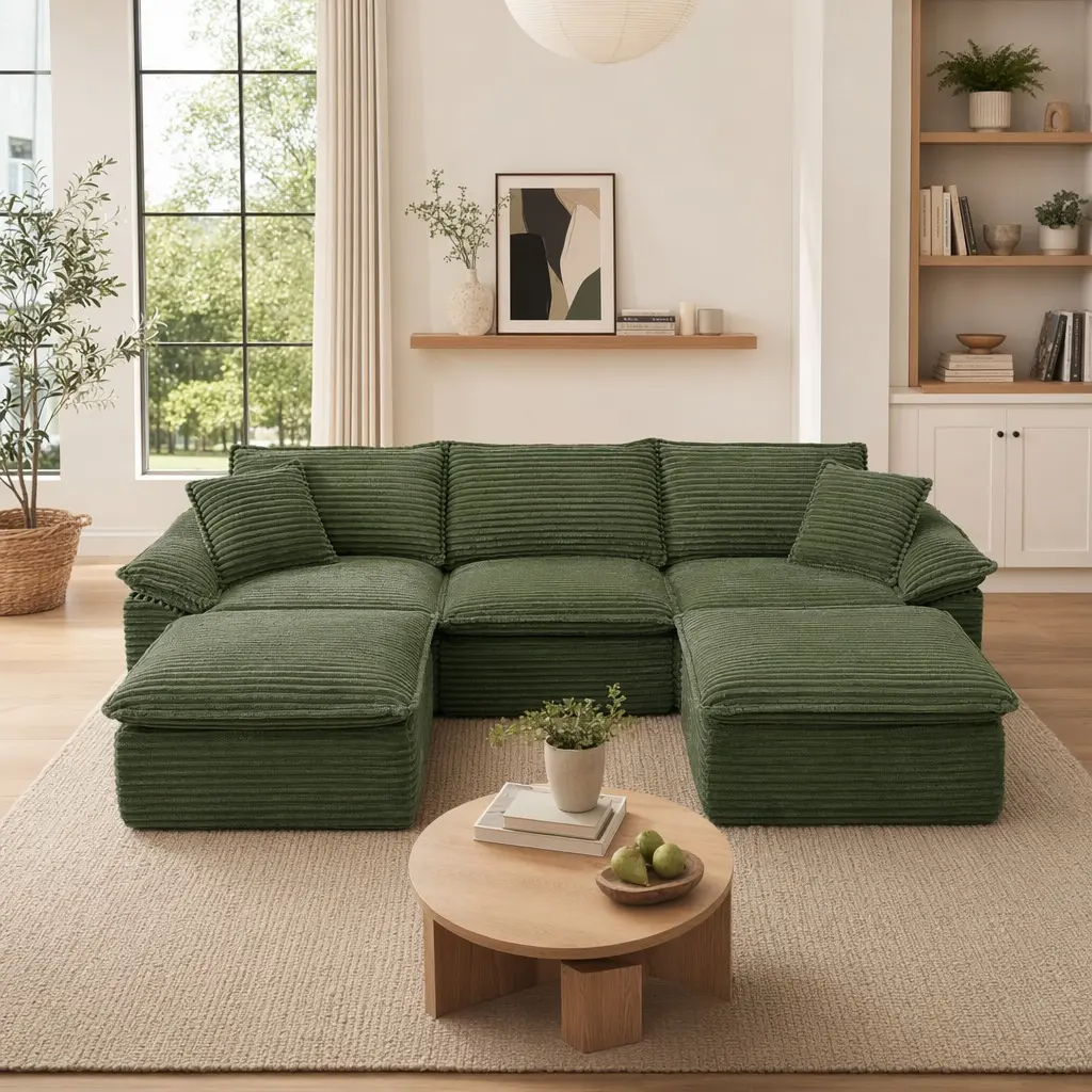 ARCH Oversized U-Shape Sectional Sofa 113" Cloud Couch with Movable Ottoman, 5-Seat Corduroy Cushion Back Pillow Arm Sofa Set, Medium-Soft Fabric Foam Living Room Apartment Office Furniture, Green, Green Color Options, Fabric/Foam Material