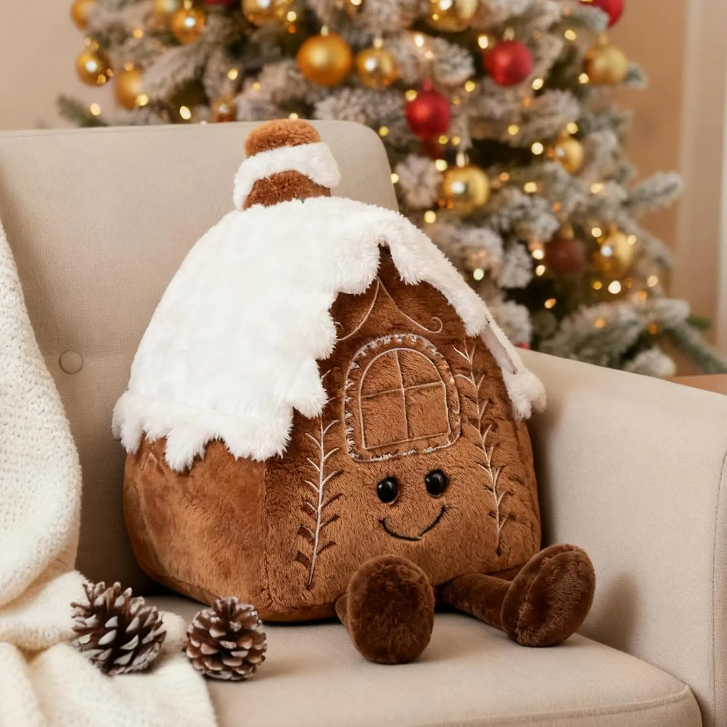 Gingerbread House Pillow, Cute Shape Plush Fabric Stuffed Softness 12.5" Snow House Christmas Holiday Decorative Throw Pillow