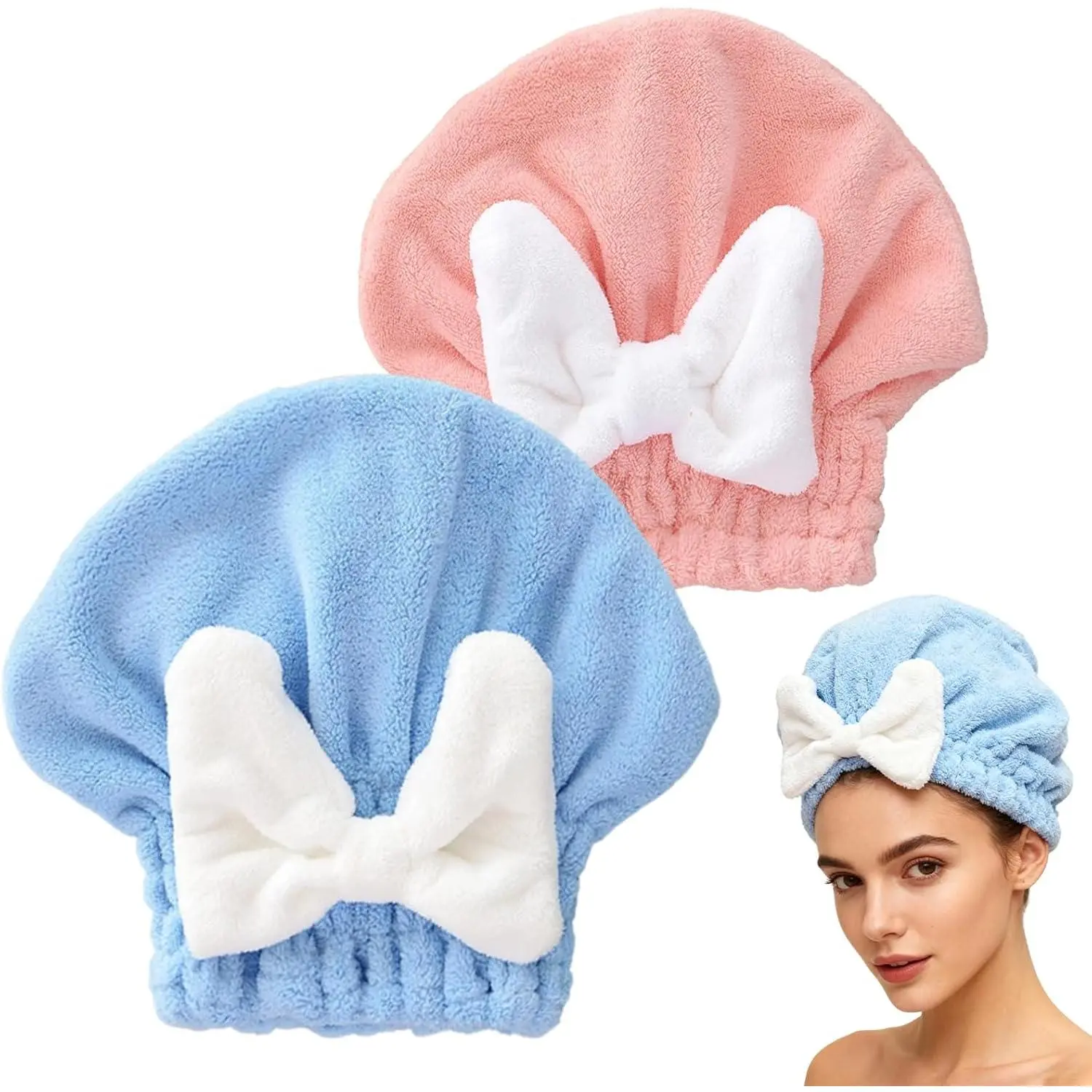 2 Pack Ultra Absorbent Hair Quick Drying Towel for Women, New Microfiber Hair Towel Wrap Dry Turban, Soft Bow Tie Plopping Head Towels Shower Cap for All Hair Style (Blue and Pink)