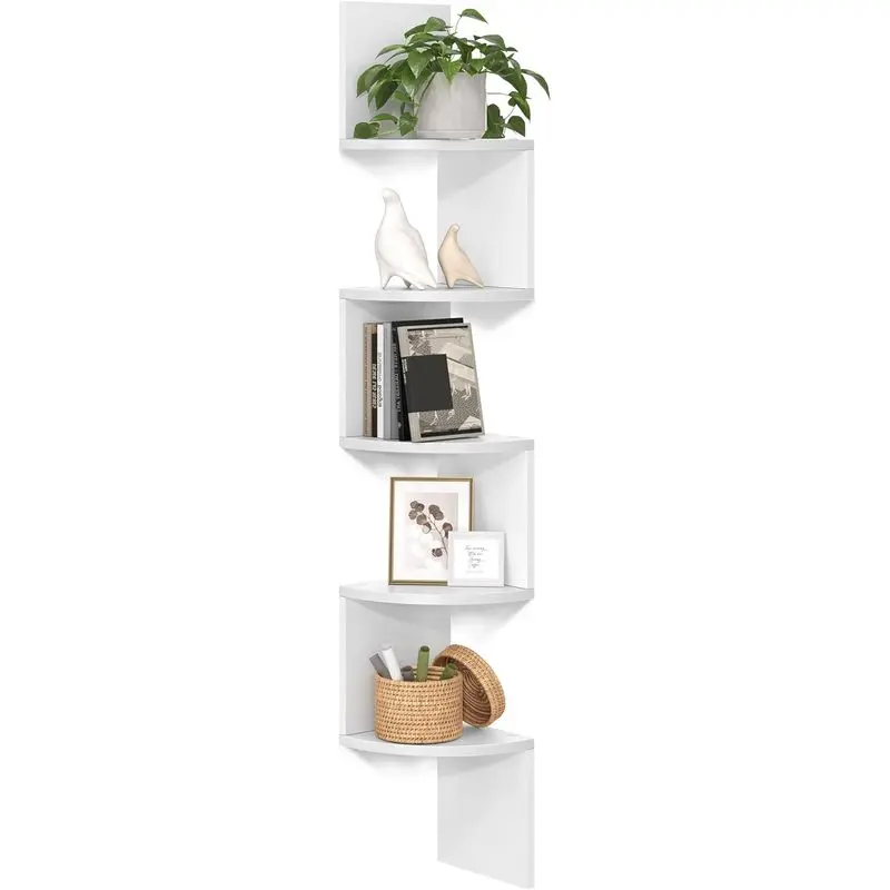 5-Tier Floating Corner Shelf| Wall-Mounted Space-Saving Bookshelf and Plant Display for Bedroom, Living Room, Bathroom, Home Office & Small Spaces, Cloud White