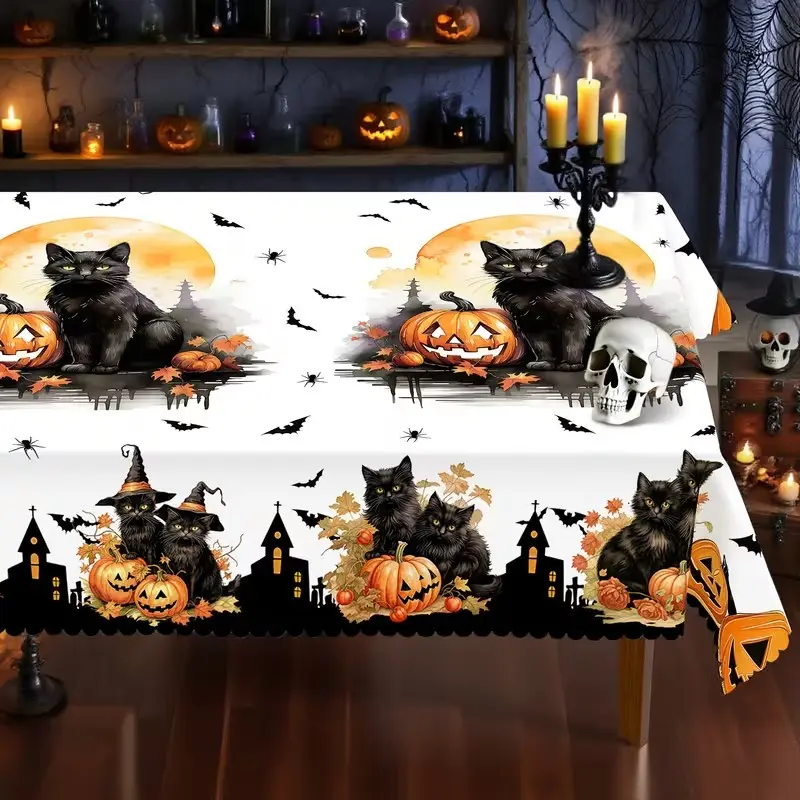 2D Flat Halloween Tablecloth, Cat Pumpkin Bat Design, Rectangular & Round, Coffee Table, Restaurant, Home Decor, Festive Decoration, Indoor Outdoor