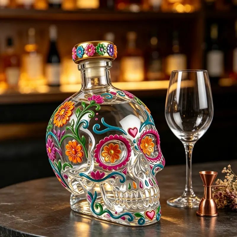 Colorful Sugar Skull Glass Decanter, Day of the Dead Transparent Skull Bottle, Decorative Liquor Bottle, Bar Home Decor Gift
