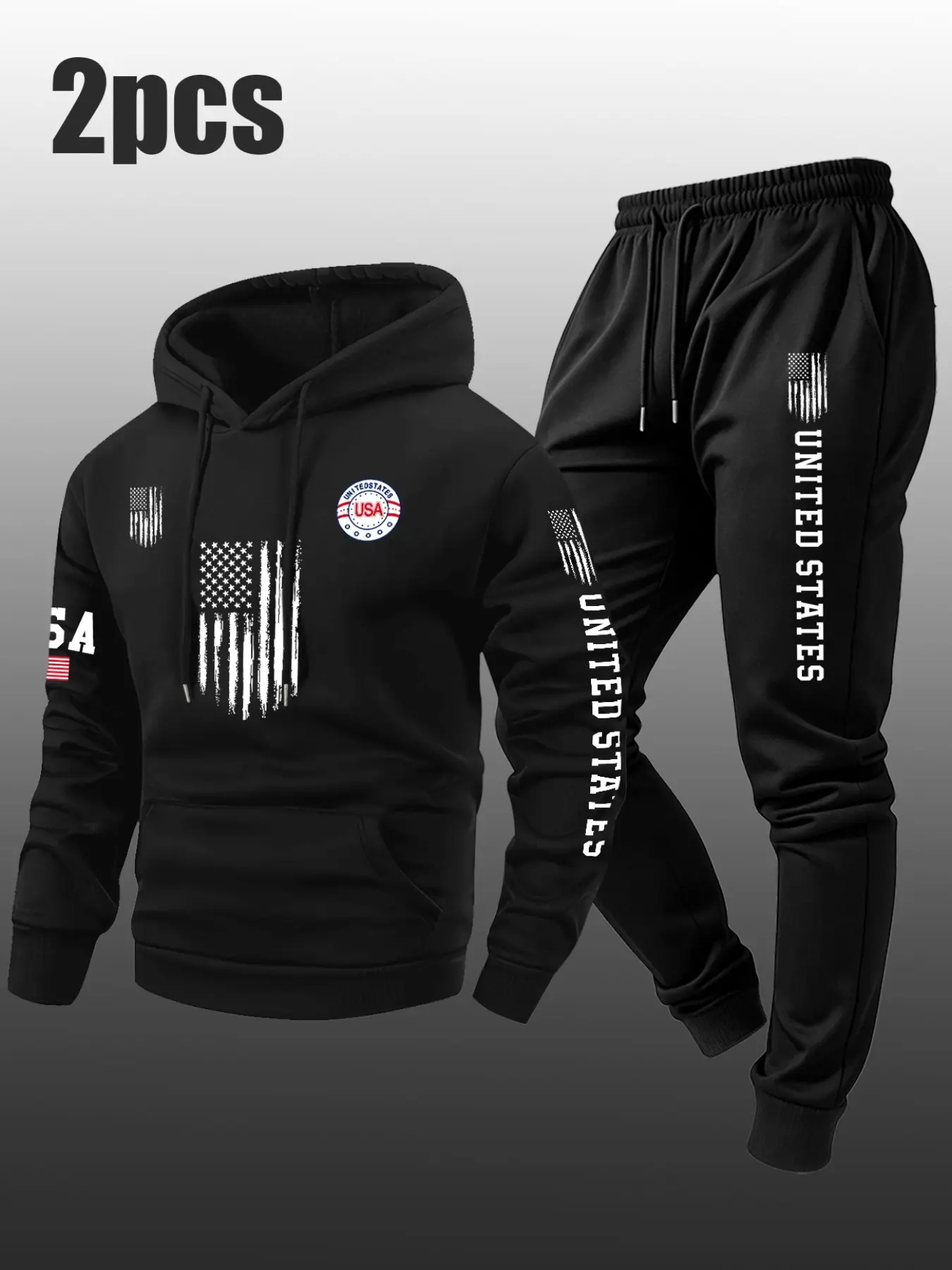 Men's 2 Piece Hoodie Tracksuit, Vintage Distressed Flag Graphic Hooded Sweatshirt & Drawstring Jogger Pants Set, Casual Streetwear Athletic Sport Outfit with Kangaroo Pocket, Daily Workout Jogging Sweatsuit for Male, Activewear Tracksuits
