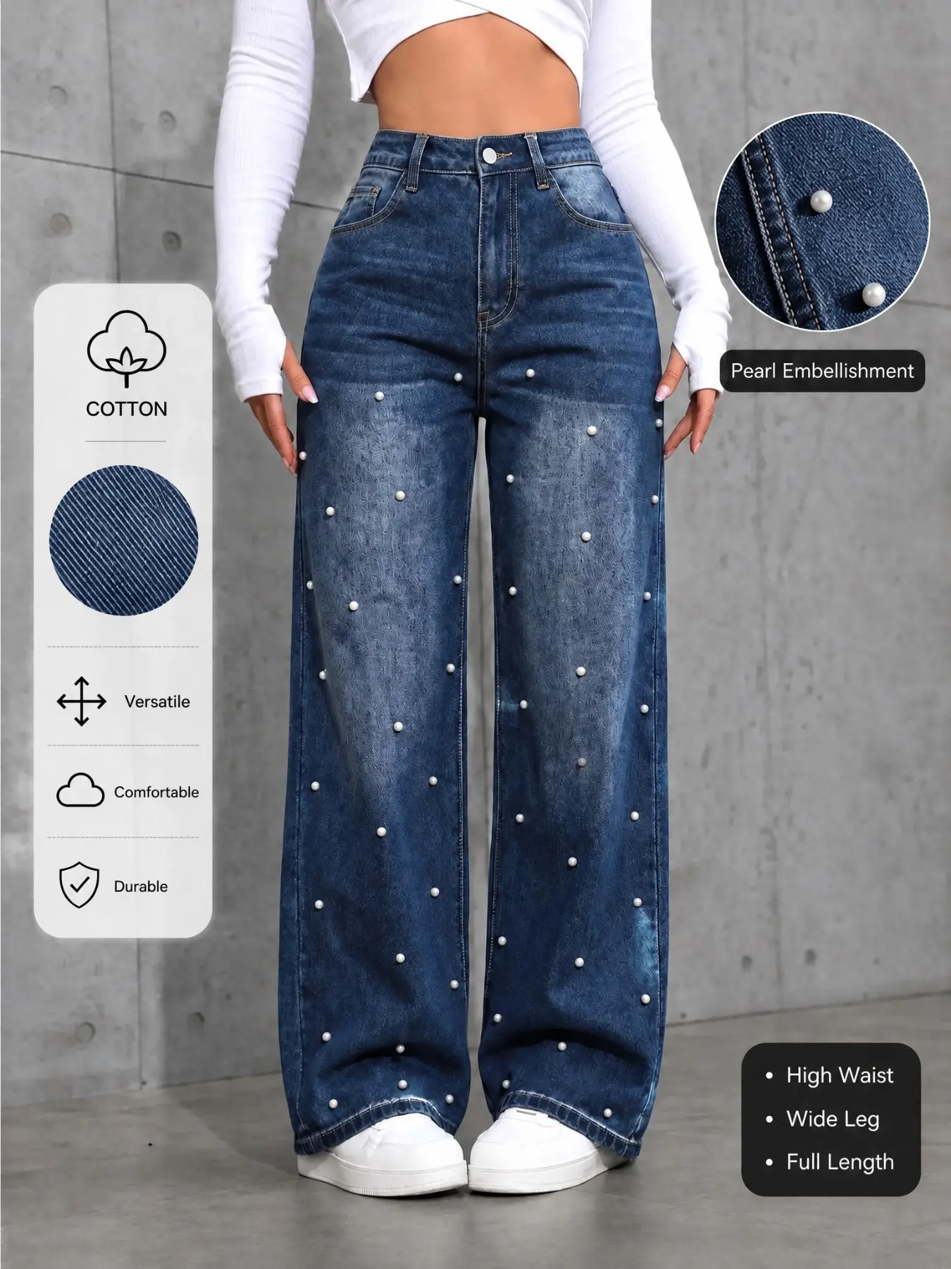 High Waisted Straight Leg Jeans for Women - Distressed Denim with Cat Whisker, Spray Monkey Wash & Beading Details. Slimming Trendy Street Style Pants, Elegant Chic Summer & All Season Casual Wear