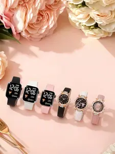 A set of 6 women's leather strap quartz watches with waterproof LED display and electronic smart fitness sports watch Casual Versatile Wristwatch Set