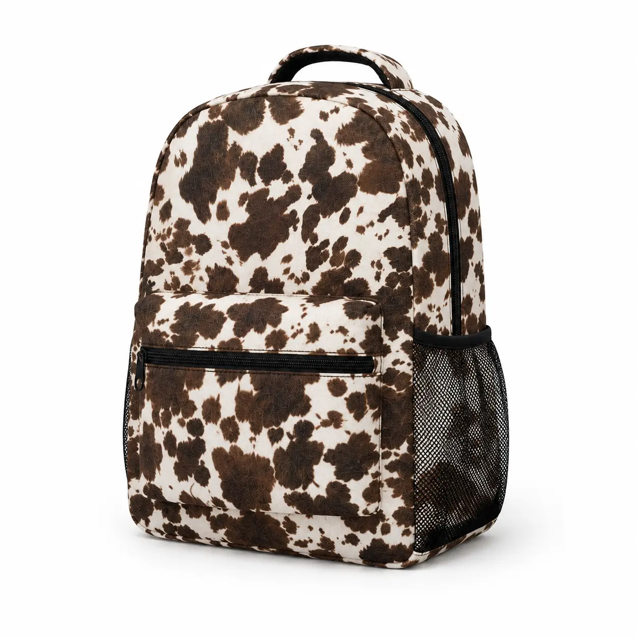 Cow Print Backpack, Brown White Animal Pattern School Bookbag with Front Zipper Pocket and Side Mesh Pocket, Lightweight Large Capacity Travel Daypack for Women Girls,back-to-school style