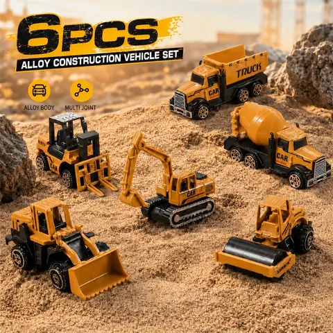 6-Piece Die-Cast Construction Vehicle Toy Set, Mini Excavator, Bulldozer, Minecart, Durable, Safe Edges, Toddler Birthday Gift