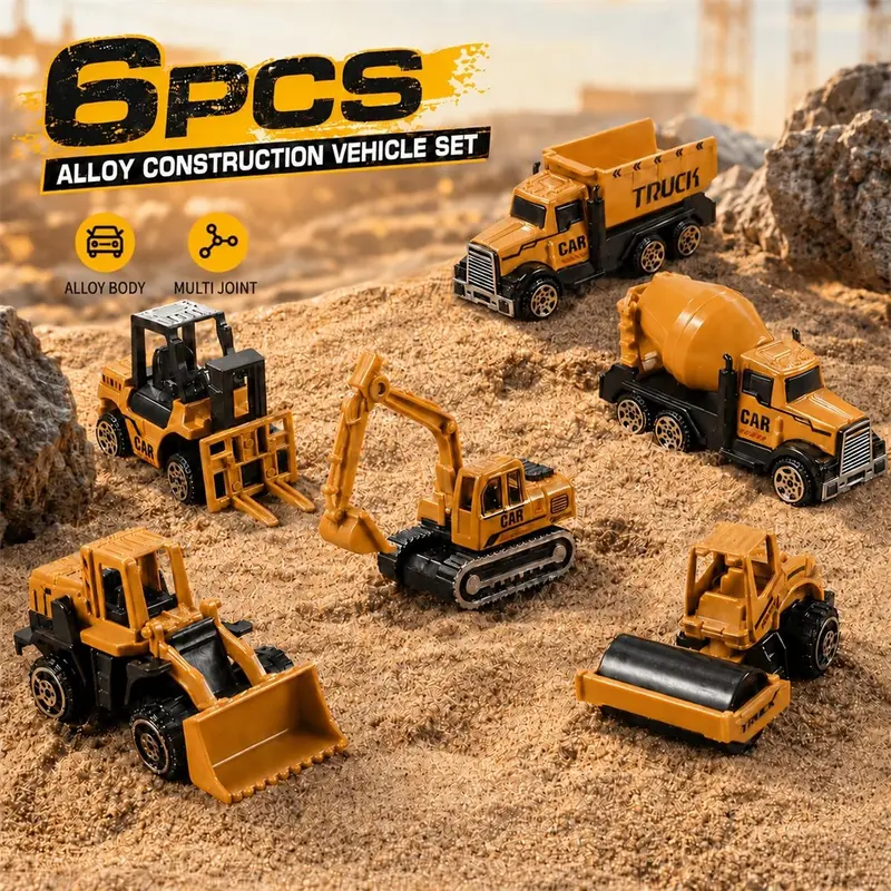 6-Piece Die-Cast Construction Vehicle Toy Set, Mini Excavator, Bulldozer, Minecart, Durable, Safe Edges, Toddler Birthday Gift