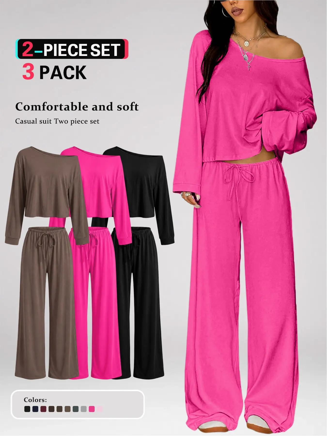 Women's 2 Piece Lounge Set Off Shoulder Crop Top & Wide Leg Pants, Long Sleeve Casual Matching Outfit, High Waist Adjustable Drawstring Comfy Homewear Set，Cozy Casual Matching Outfit for Everyday Wear Clothes