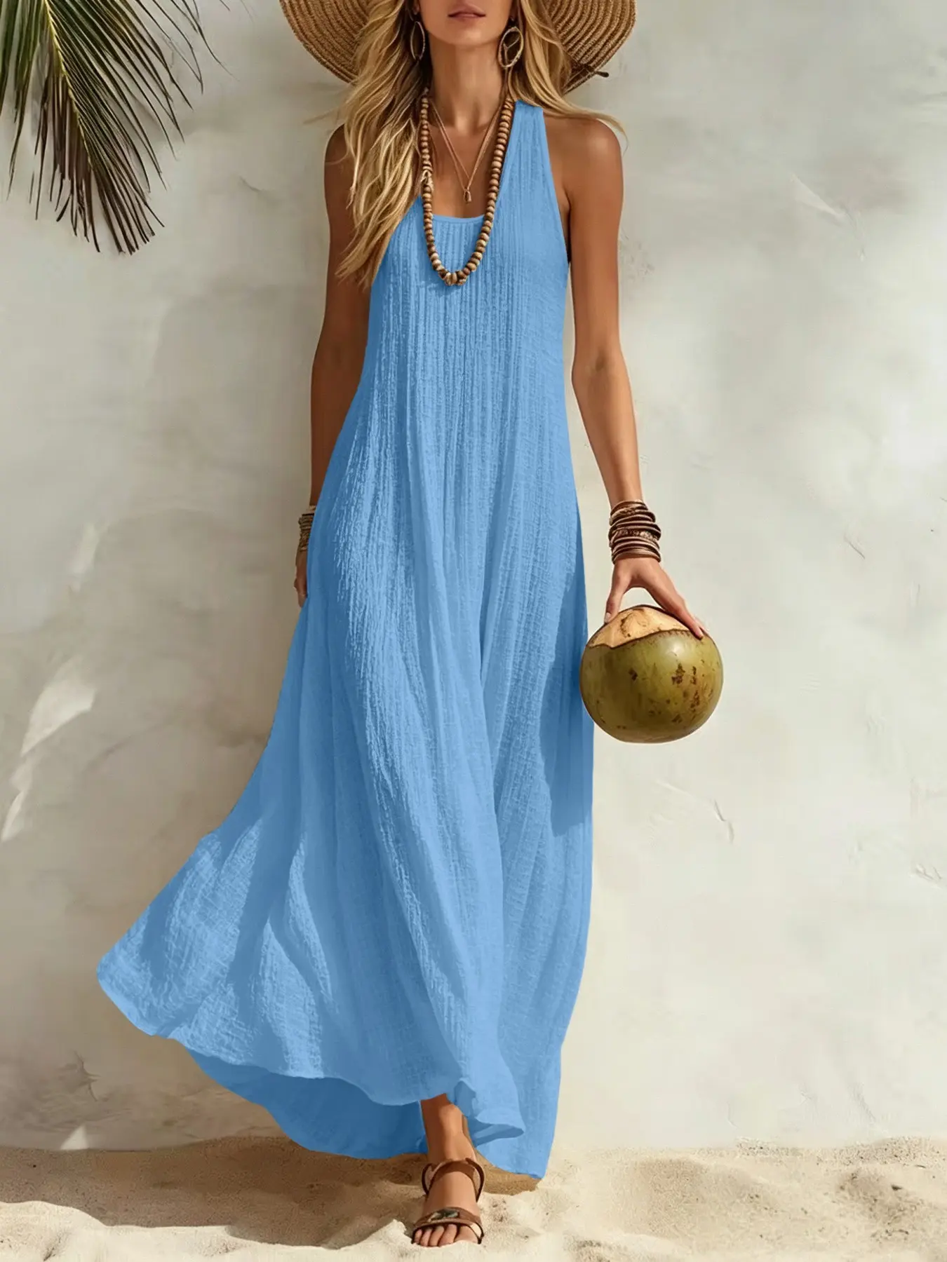 Women’s Sleeveless Maxi Dress, Casual Loose Fit Bohemian Beach Dress, Flowy Textured Long Dress for Vacation, Resort, Cruise & Summer Travel