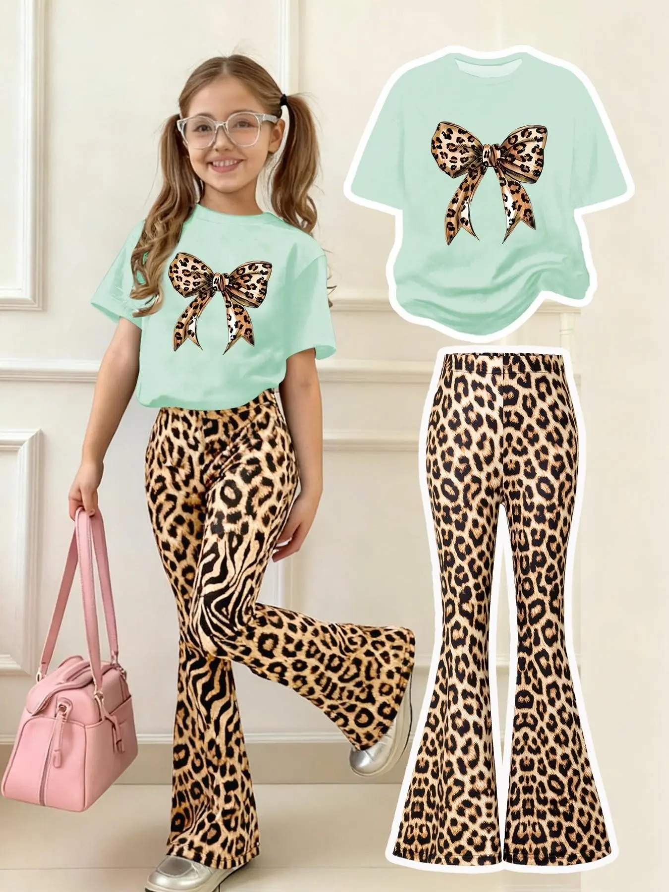 Girls' 2-Piece Summer Outfit Set, Leopard Bow Print Short Sleeve T-Shirt & Leopard Flared Pants, Casual Kids Outfit For Outdoor Activities