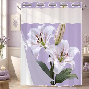 1pc aesthetic shower curtain no hooks with liner, spring white lily purple design, 2D flat printing, fabric waterproof lining, see-through double-layer shower curtain, 71 x 74 inches, modern home draping curtain, Bathroom Decorations, Bathroom Curtain