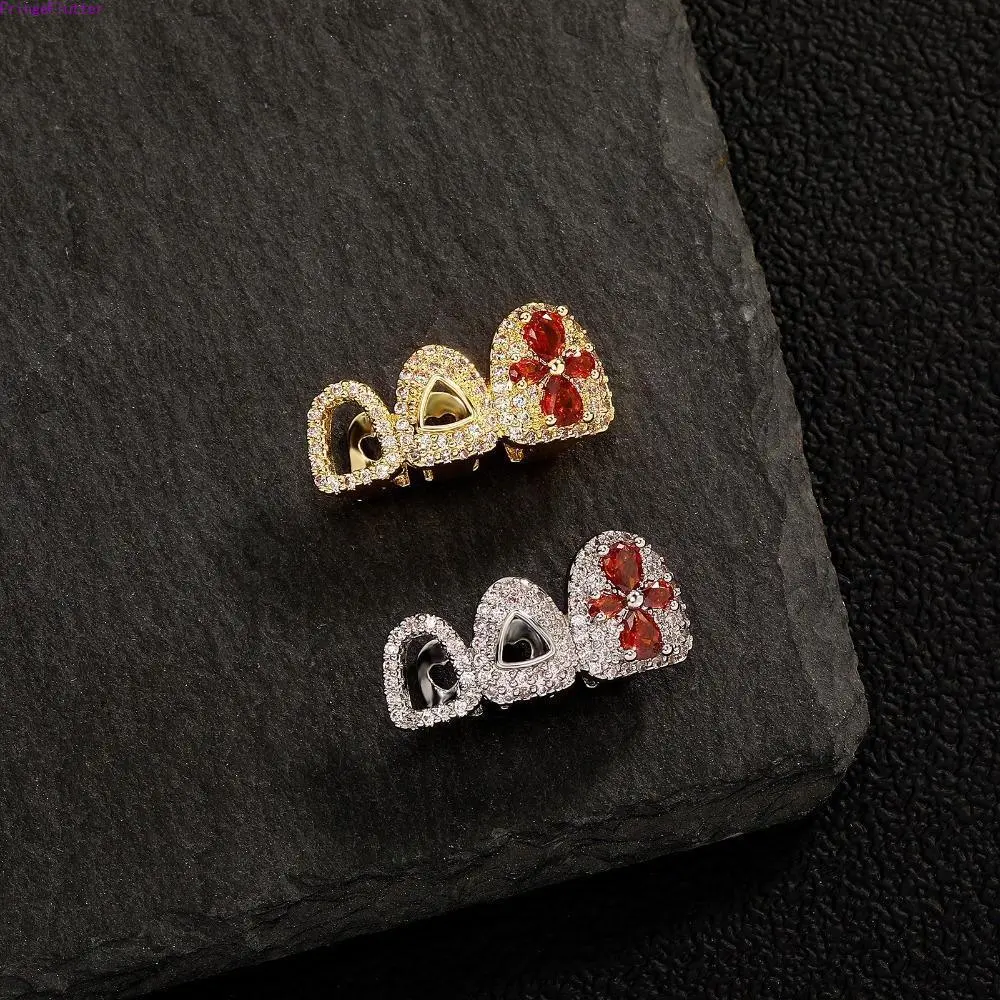 Four-Leaf Clover Double Heart Grillz Teeth Caps, Hollow Gold Plated Shiny Cubic Zirconia Teeth Jewelry, Super Sparkly Hip Hop Teeth Accessory for Christmas, Parties & Stage Outfits