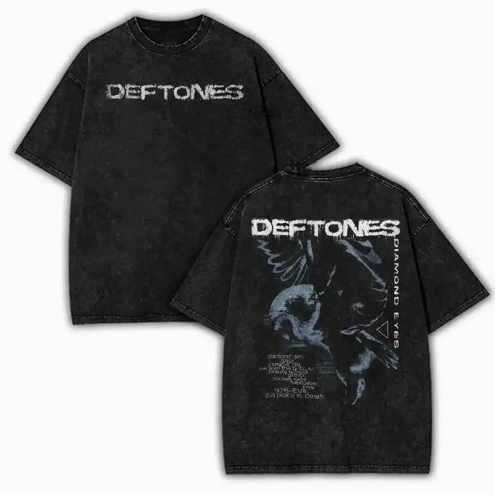 Women's Oversized Short-Sleeve Round Neck Casual Relaxed Fit Vintage Washed Cotton T-Shirt - Deftones Diamond Eyes Rock Band Graphic, Front-Back Print, Alternative Metal Concert Grunge Fan Gift, Unisex CNB Menswear Top