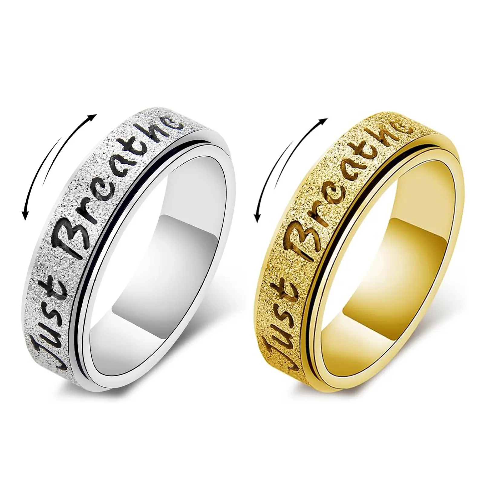 Fidget Spinner Ring for Women - Just Breathe Inspirational Hope Rings, Stainless Steel Anxiety Women's Ring for Stress Relief, Thumb Rotating Rings for Adults Jewelry Gift for Her