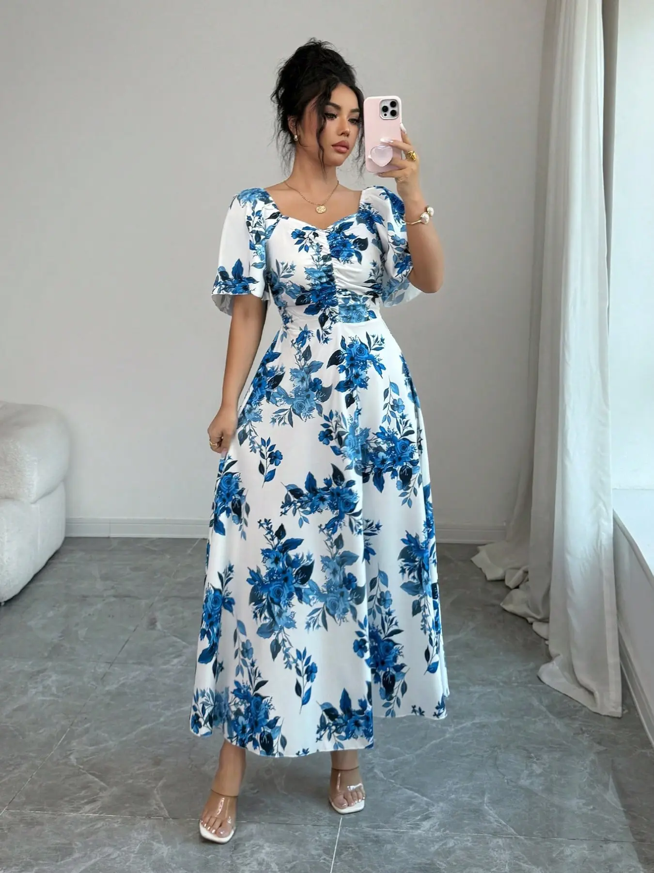 Elegant Floral Print Midi Dress for Women, Summer & Spring Formal Party Wear, Chic Pleated Waist Design, Perfect for Dates & Events, Elegance