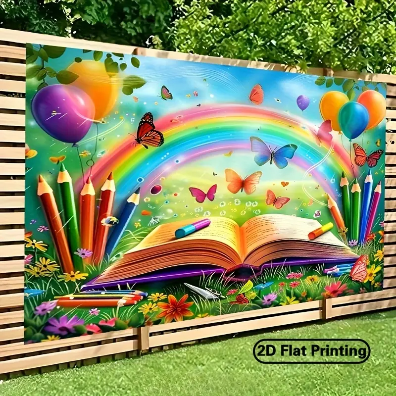 Rainbow Book Tapestry Backdrop – Colorful Open Book Design Banner for Photography and Parties. Great for Studios, Live Streaming Backgrounds, Indoor Events, and Holiday Decor.