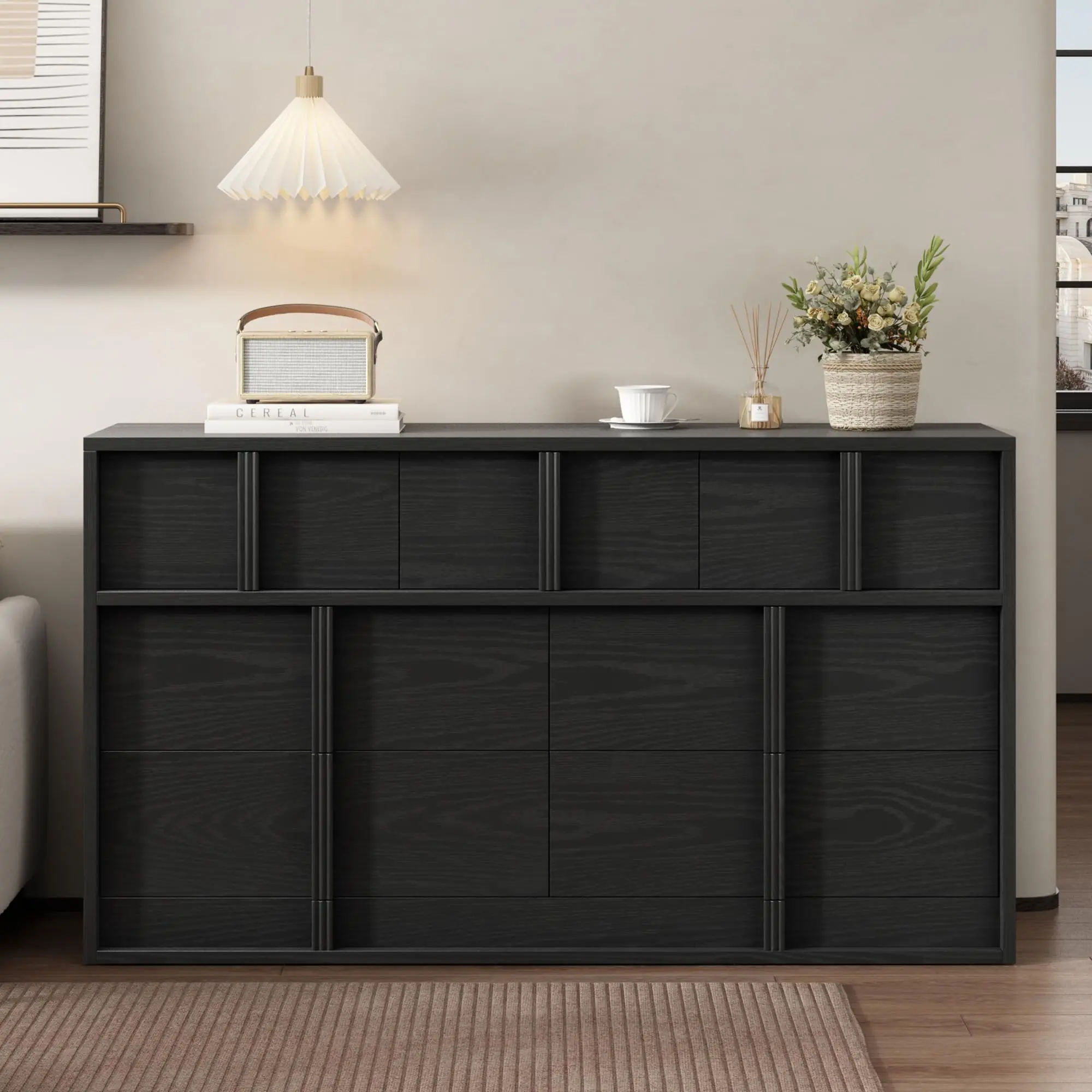 Garvee Minimalist Rectangular 54" TV Stand - Sturdy MDF Wood Media Cabinet with 7 Drawers, Anti-Tip Design for 65" TVs, Living Room Storage Console