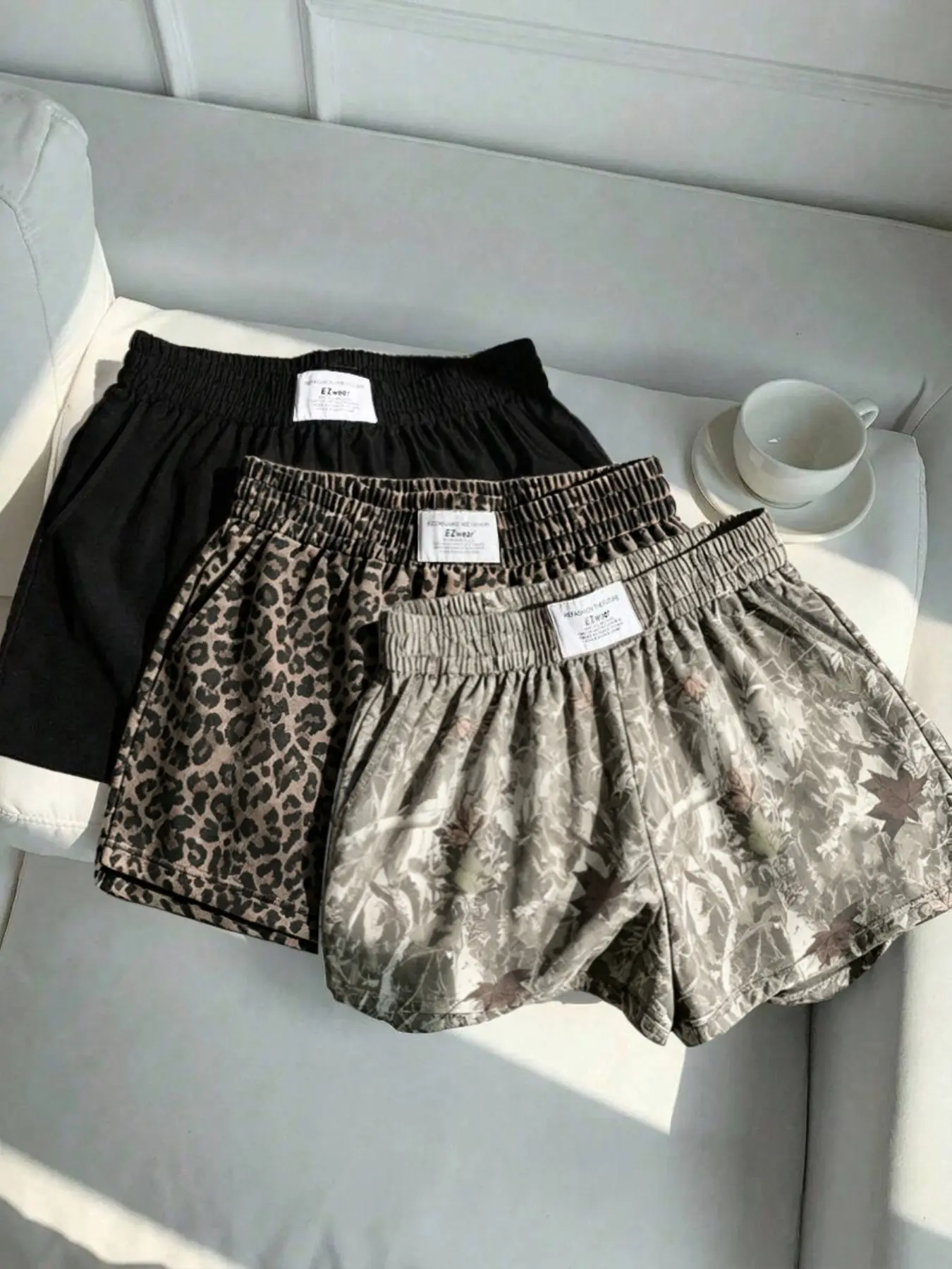 3-Pack Y2K Retro Elastic Waist Shorts, Solid Leopard Camo Styles, Loose Fit Comfortable Streetwear, Pockets, Women's Summer Bottoms