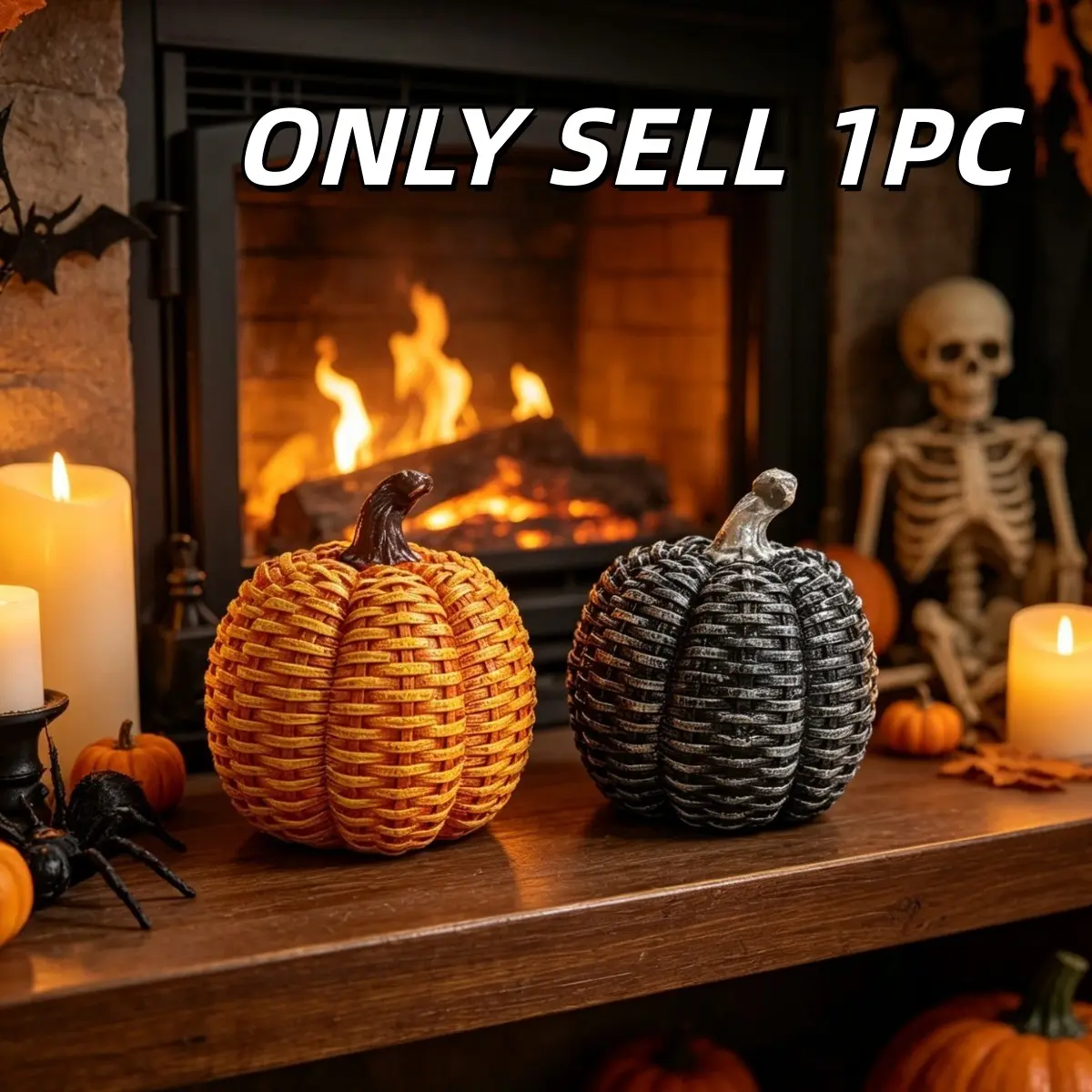 1pc Retro Distressed Resin Pumpkin for Halloween, Imitation Rattan Weave Texture, Halloween Desktop & Home Atmosphere Ornament