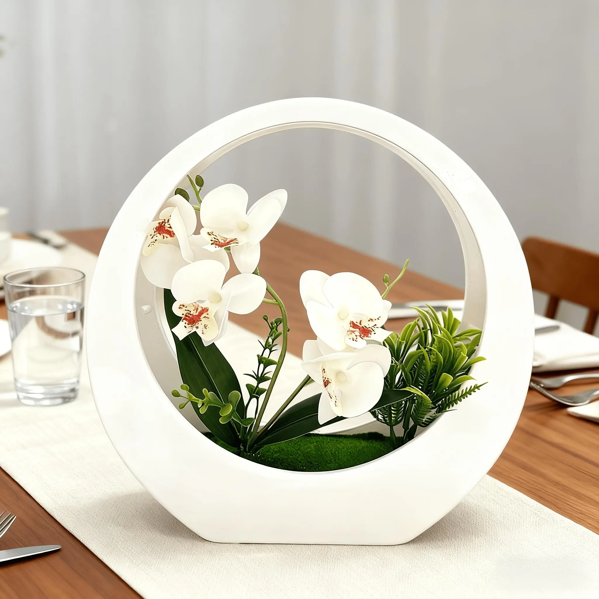 Artificial Orchid Flowers in Moon Planter, Lifelike Zero-Maintenance Centerpiece, Elegant Gift for Weddings, Home & Office Decor