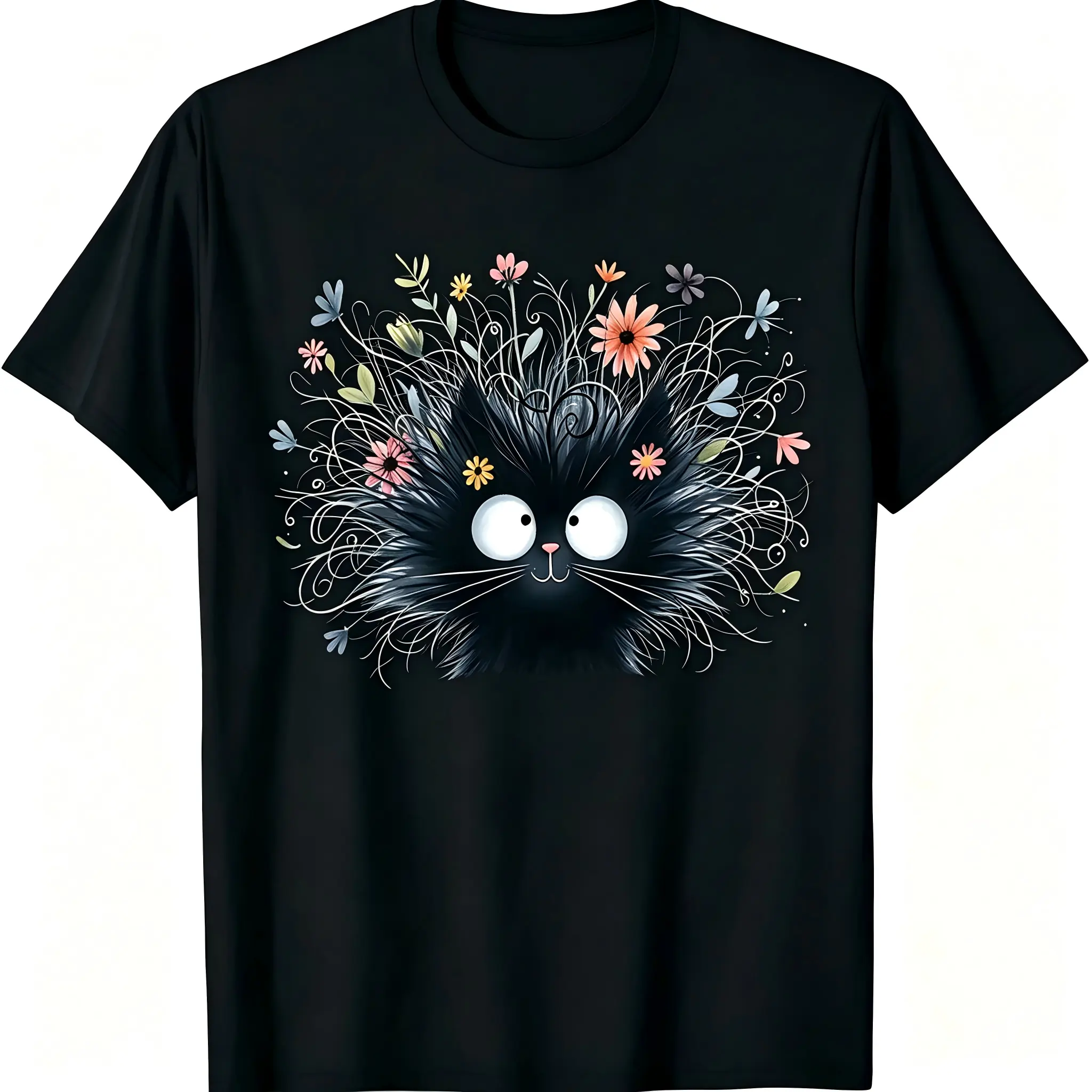 Messy Fluffy Cat Wildflower Floral T-Shirt for Men Women – Soft Breathable Cotton Crew Neck Short Sleeve, Dragonfly Garden Graphic Tee, Nature Floral Daily Top, Cat Lover Gift, Machine Washable