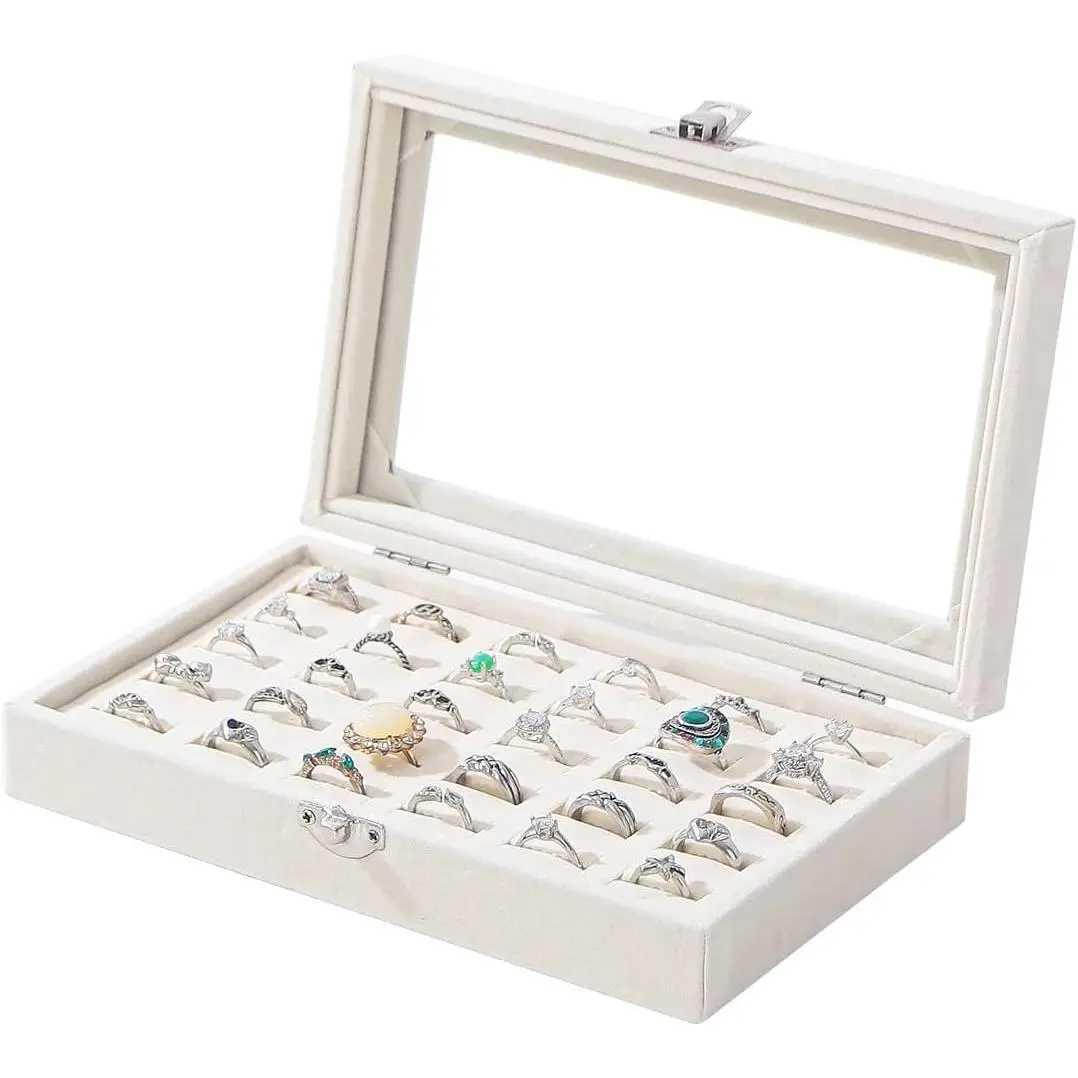 Rings Organizer Tray,   Ring Storage Box with Transparent lid  Ring Box, Display Case (Beige, 30 Slots)