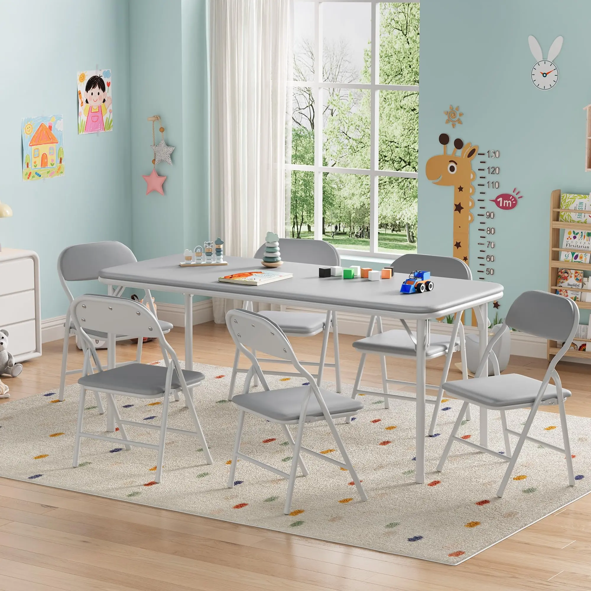 Kids Folding Table & 4 Chairs Set - Padded Waterproof PU Top, Steel Frame, Rounded Corners, Non-Slip Feet, Easy-Clean Portable Toddler Activity Desk - Gary