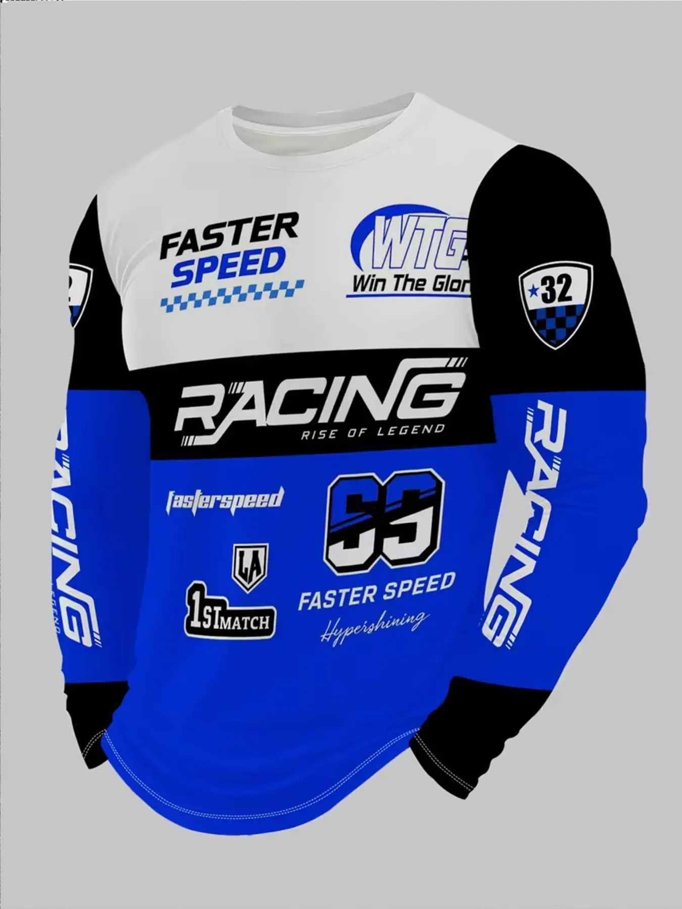 Color-blocked Racing Alphanumeric Print Long-Sleeve Crew Neck Top Casual Sporty Design for Motorcycle Off-Road Riding