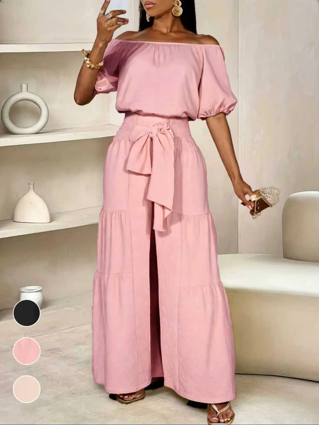 New Spring Summer European Style Soft Texture Solid Two-Piece Set, Elastic One-Shoulder Bubble Sleeve Blouse, High-Waist Wide Leg Pants