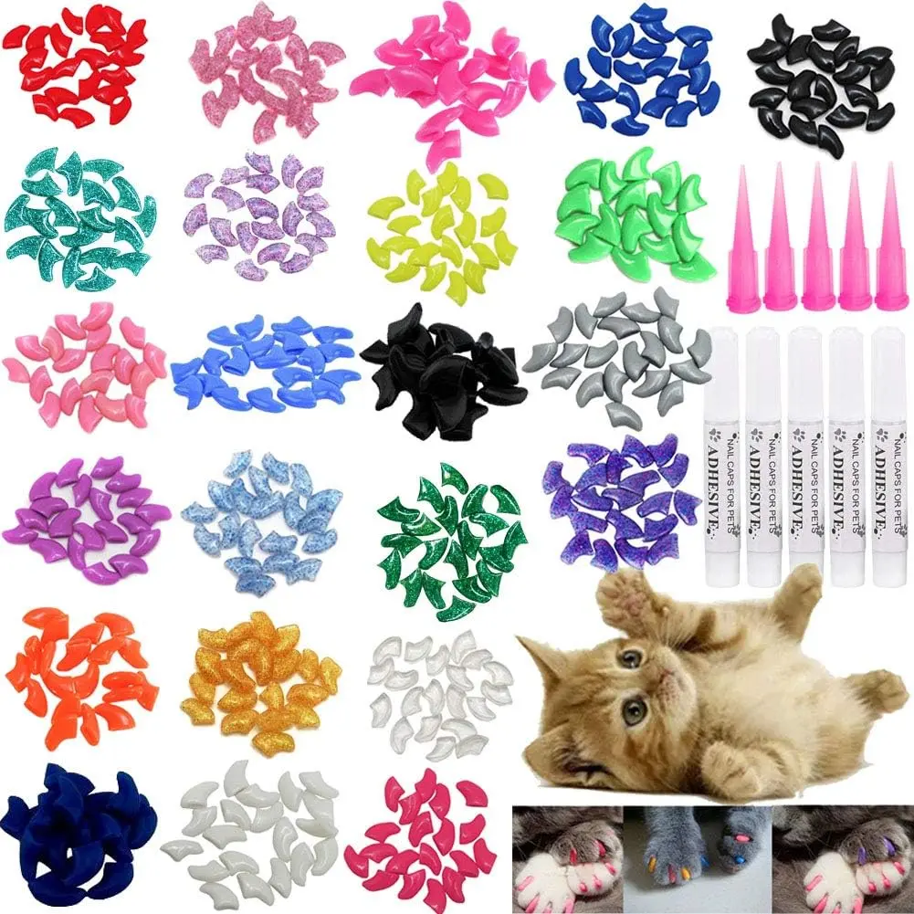 Cat Nail Caps and Covers with Glue and Applicators - 100 counts in 5 Colors for Extra Small/Kitten Sizes