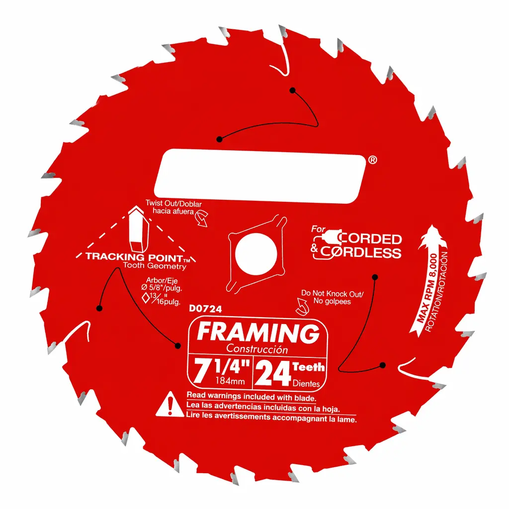 Framing Saw Blade for Wood - 7-1/4" x 24-Tooth, Thin Kerf, Anti-Vibration, Long Life for Framing & Pressure-Treated Wood, Tracking Point Tooth Design - Pack of 10 - D0724A