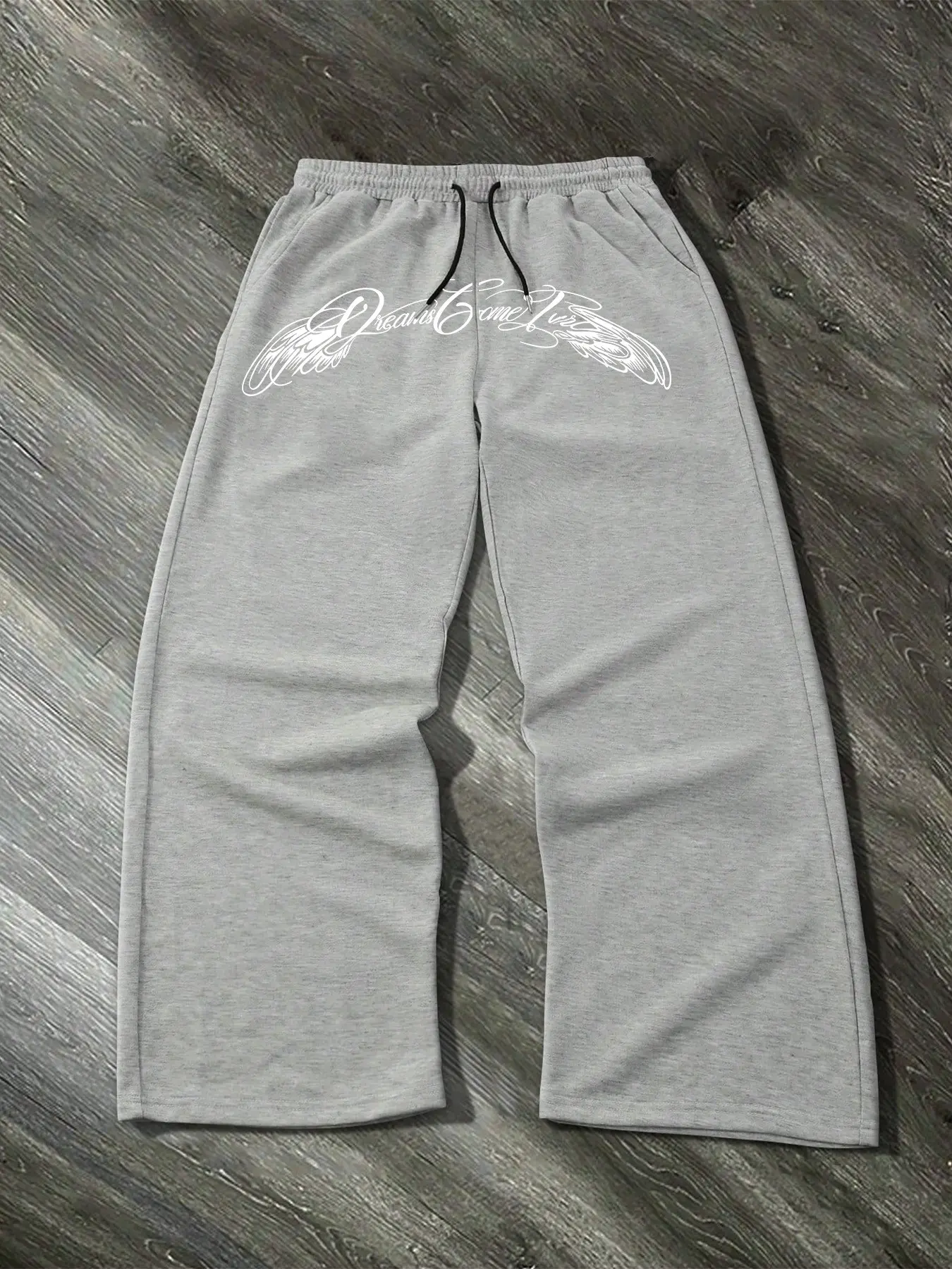 Men's Black Graphic Sweatpants, Oversized Loose Fit Joggers Featuring Angel Wing Print, Adjustable Drawstring Waist and Minimal Streetwear Design for Casual Wear, Hip Hop and Urban Fashion