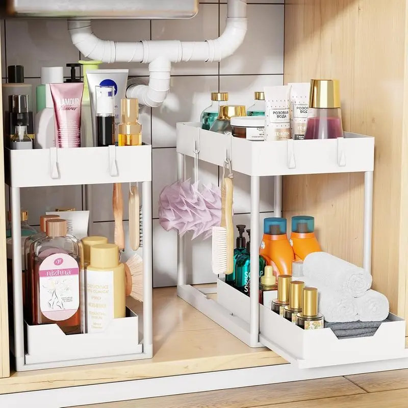 2 Pack White Under Sink Organizer, 2-Tier Pull-Out Sliding Cabinet Storage Rack, Space-Saving Vanity Shelf for Bathroom Toiletries & Kitchen Cleaning Supplies, Small Apartment Decluttering Essential