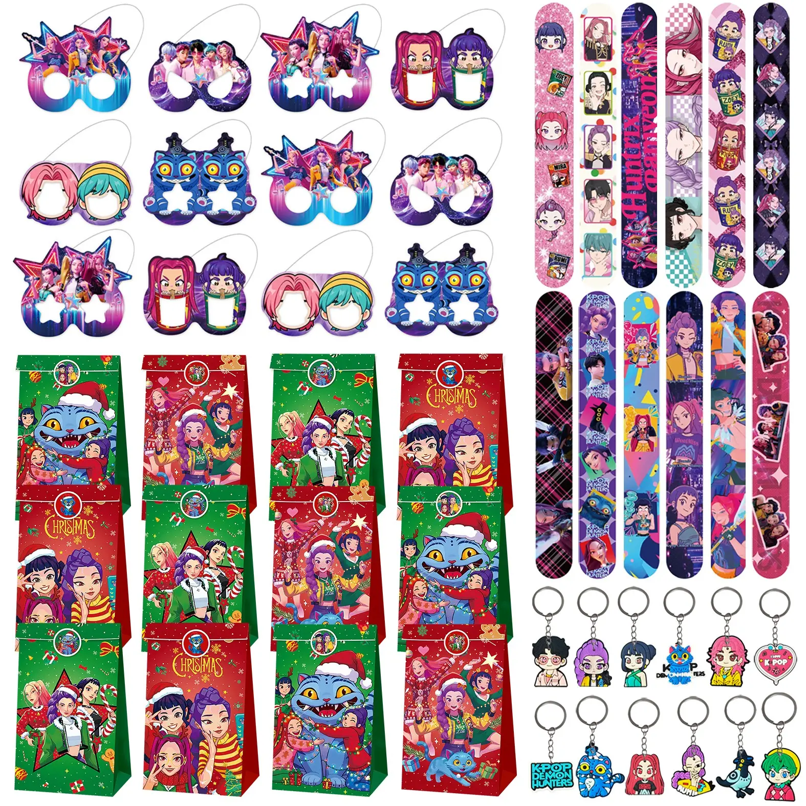 4 sets of Korean cartoon girl group Christmas-themed party decoration gift sets, including 12 bracelets, 12 gift bags, 12 decorative glasses, and 12 keychains, with gift bags filled with prom souvenirs, creating an immersive Christmas costume party