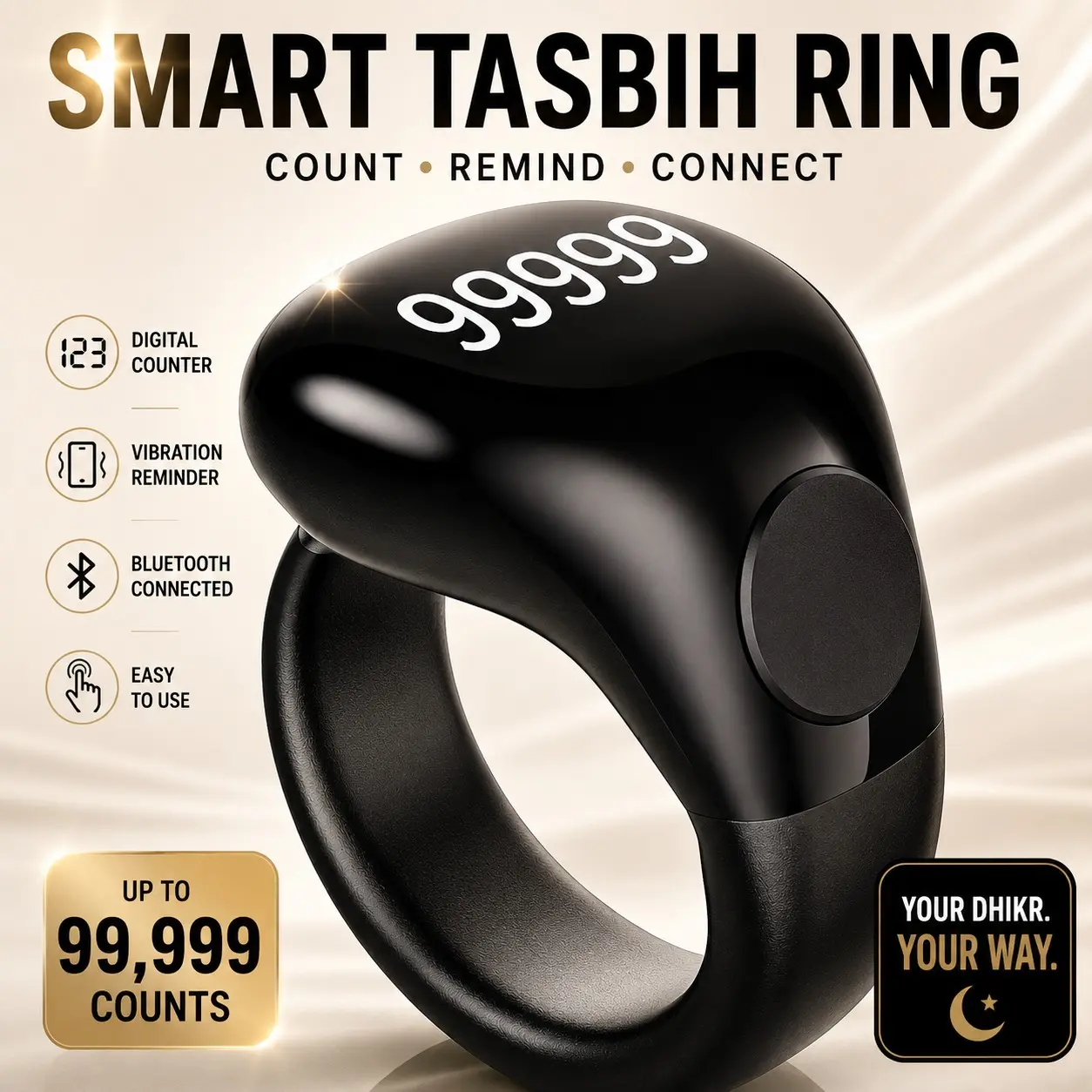 Smart Zikr Ring, 33/99 Vibration Alerts, APP Sync Counting, 4-Digit Display, Waterproof, Muslim Prayer Ring, Daily Worship, Gift for Muslims