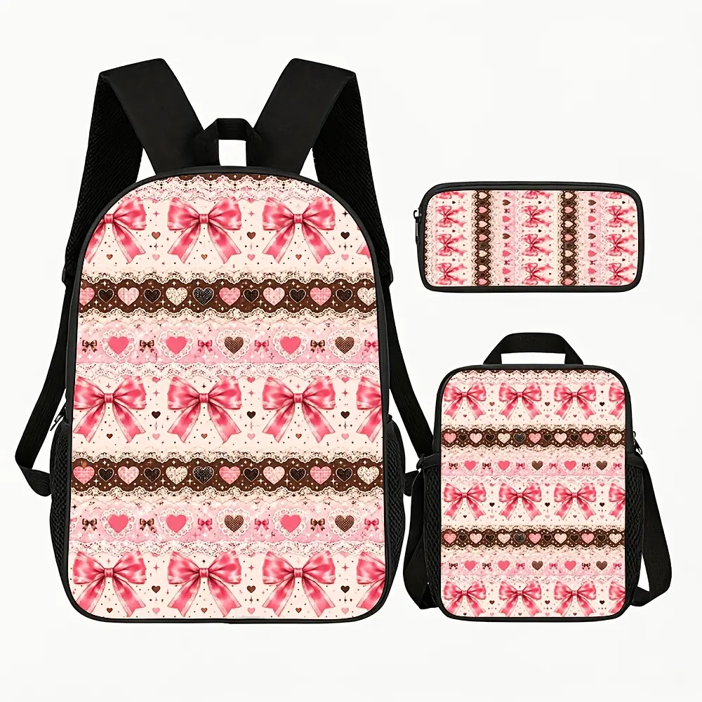 3pcs/1pcs Cute Pink Heart Bow Lace Laptop Backpack School Bag Travel Daily Use Women Girls Romantic Style Trendy Gift Idea# backto school# Backpack set# school gifts# girls gifts#   boys gifts# birthday gifts, 17in Bookpack