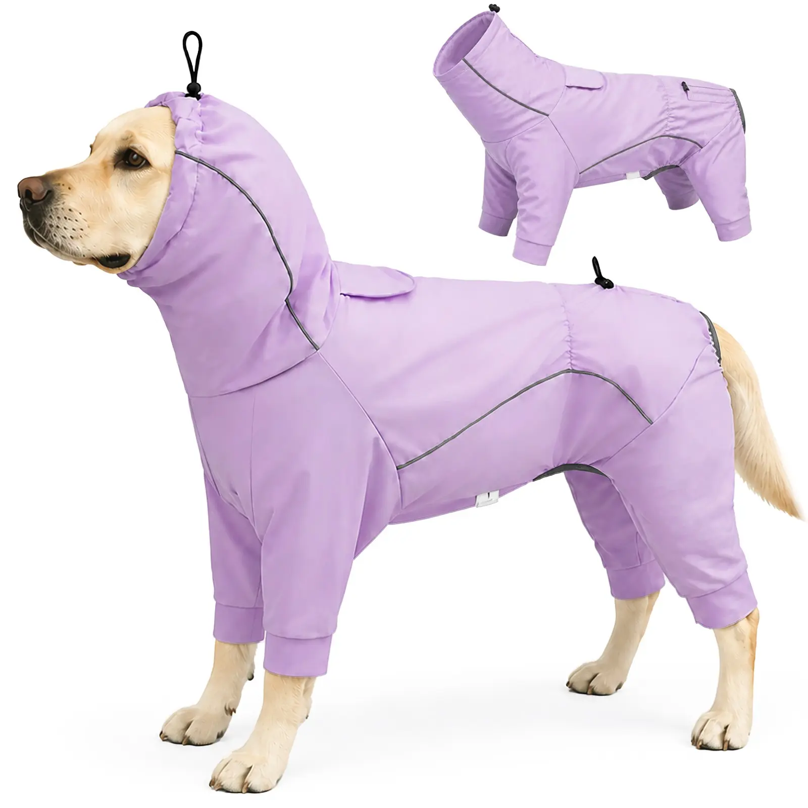 Dog's rainy season outdoor travel four legged hooded jacket, all-round rainproof, insect proof, and dirt proof raincoat, adjustable elastic and close fitting wrap for outdoor travel