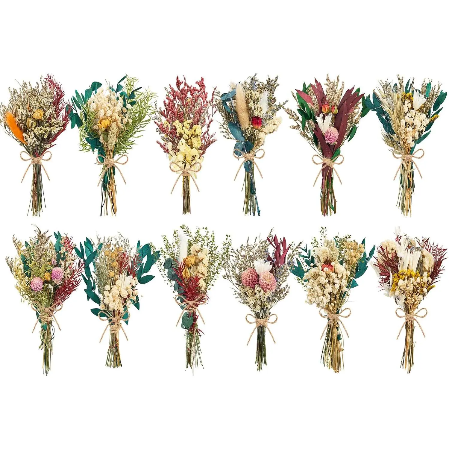 12/24PCS Handmade Dried Flower Bouquet with Stems Natural Dried Wildflowers 7.5 Inch Mini Dry Flowers for Vase Farmhouse Decor, Wedding Styling, Photography Props, Gift DIY(12pcs, Bright)