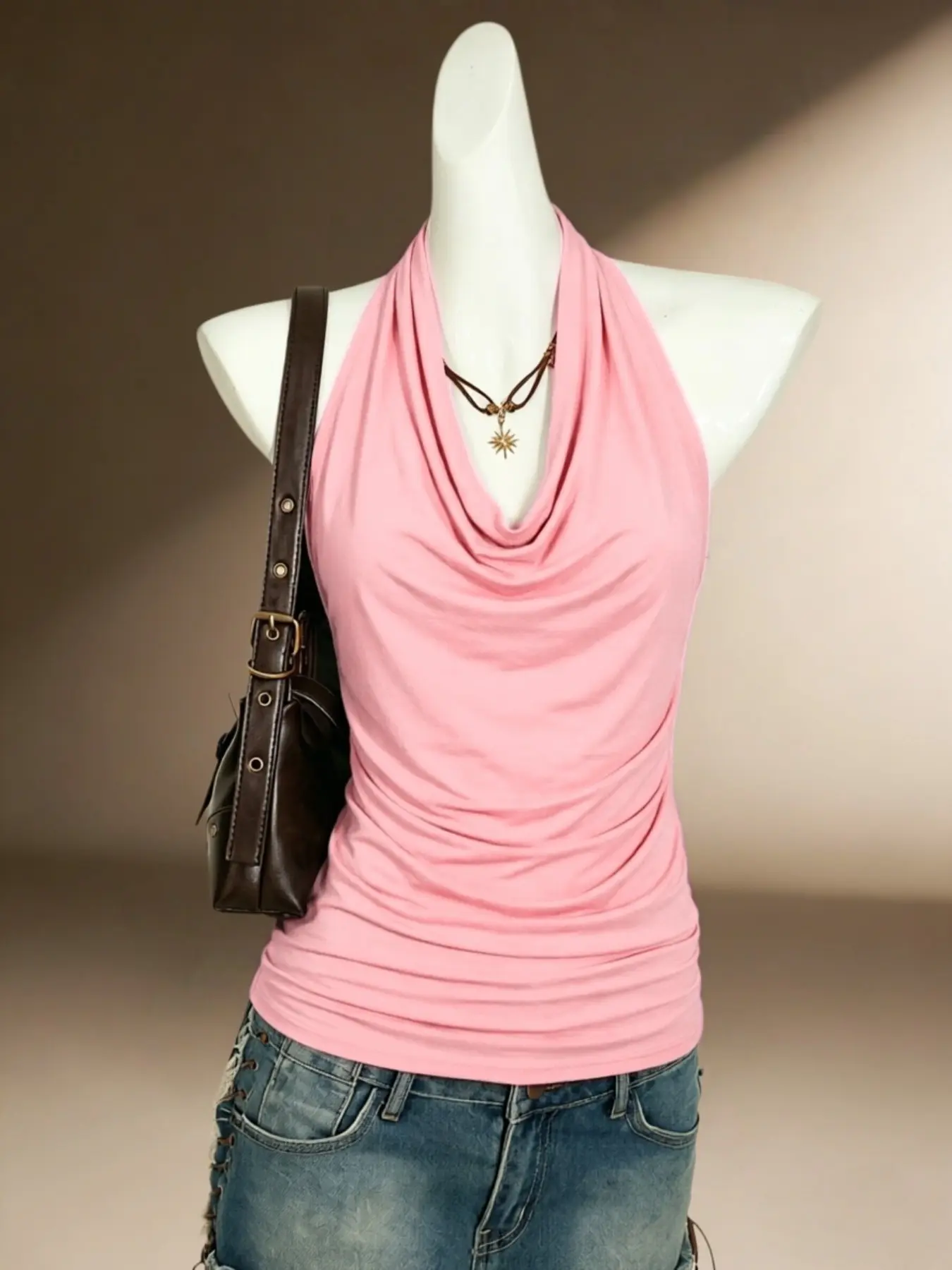 Women's Sexy Halter Top, Ruched Bodycon Fit Flowy Neck Backless Tank Top Camisole Top, Casual Sleeveless Tops, Perfect for Summer and Vacation Wear, Trendy, Chic and Comfortable